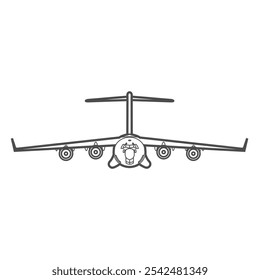 Military transport aircraft Boeing C-17, front view, dark gray line icon.