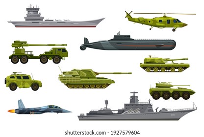 Military transport, army vehicles and war equipment, vector flat icons. Military tank, plane, submarine and helicopter, army artillery, combat weapon and wartime ammunition technics isolated set