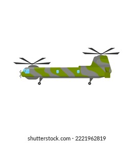 Military transport helicopter cartoon illustration. Colorful green and gray camouflage vehicle on white background. Aviation, air transportation, flight concept