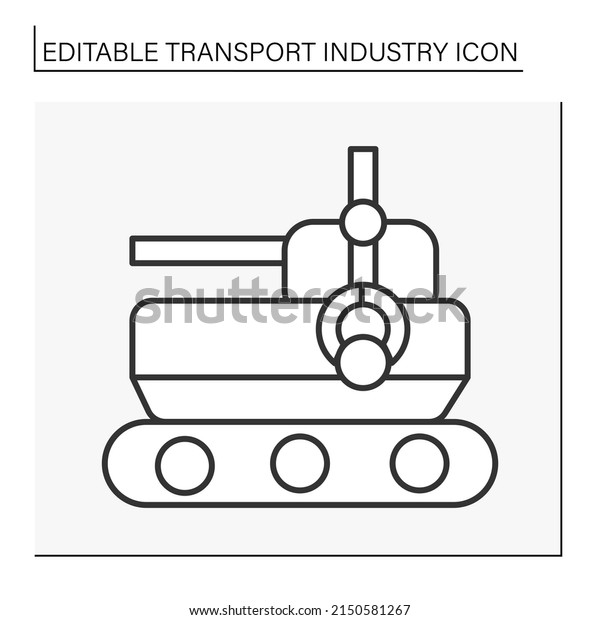  Military transport line\
icon. Military vehicle manufacture. Combat vehicles\
production.Transport industry concept. Isolated vector\
illustration. Editable stroke