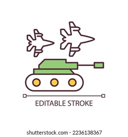 Military transport RGB color icon. Armed forces. Military technology. Pursuit planes and tank. Isolated vector illustration. Simple filled line drawing. Editable stroke. Arial font used