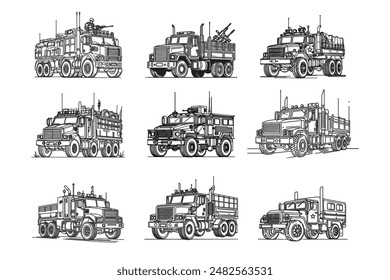 military transport set in simple linear style concept. vector illustration of military equipment