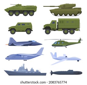 Military transport set vector flat illustration. Collection tanks, all terrain vehicle, war machine, guns, ship boat, submarine, fighter, airplane, truck, helicopter, combat automobile isolated