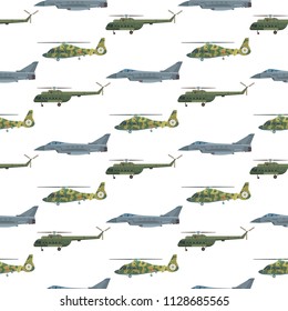Military transport vector helicopter technic army war plane and industry armor defense transportation weapon illustration seamless pattern background.