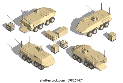 Military Transportation Isometric Vector. Armor Vehicle With Machine Gun.action Two