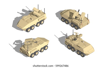 Military Transportation isometric vector. armor vehicle with anti air missile.action two