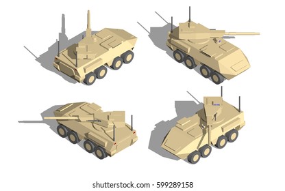 Military Transportation Isometric Vector. Armor Vehicle With Cannon.action Two