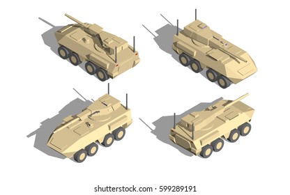 Military Transportation Isometric Vector. Armor Vehicle With Cannon.