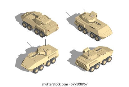 Military Transportation Isometric Vector. Armor Vehicle With Automatic Cannon.