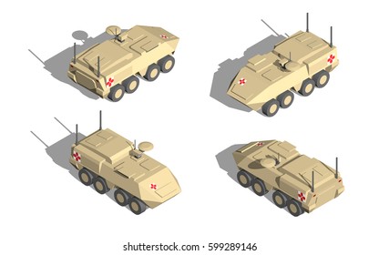 Military Transportation Isometric Vector. Armored Medical Vehicle.