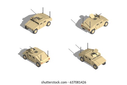 Military Transportation isometric vector. light utility vehicles with machine gun.