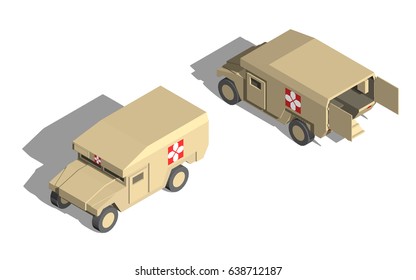 Military Transportation isometric vector. light utility ambulance vehicle.