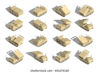 Military Transportation isometric vector. multiple launch rocket system vehicle.