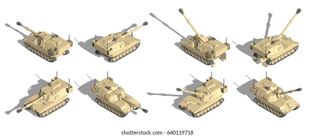 Military Transportation Isometric Vector. Self Propelled Howitzer Vehicle.