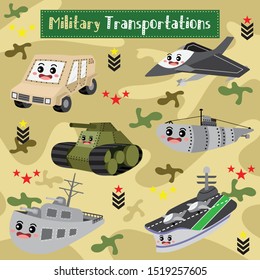 Military Transportations cartoon set with camouflage background in perspective view vector illustration.