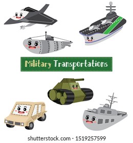 Military Transportations cartoon set on white background with vehicles name  vector illustration.