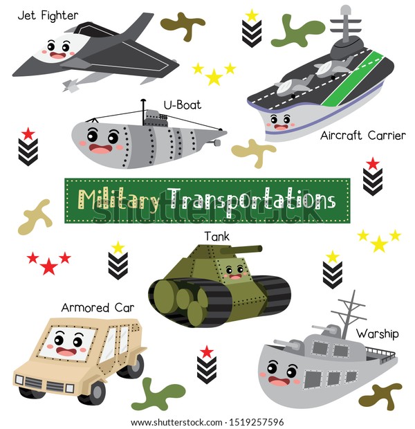 Military Transportations cartoon set\
with vehicles name with vehicles name  vector\
illustration.