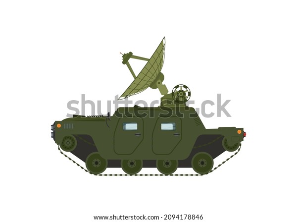 Military truck. Army transport with\
antenna. Modern appliances in protective green color. Radar and\
detection system. Scanning and recognition. Cartoon\
illustration