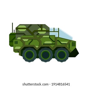 Military truck of future. Fantastic car for colonization. Armored protected transport. Flat cartoon illustration