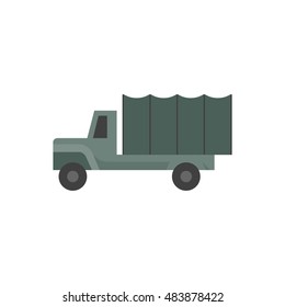 Military Truck Icon In Flat Color Style. Vintage Army Transportation.