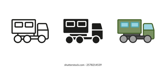 Military truck icon. Troop carrier vector illustration. Personnel cargo truck transportation sign. Armored army crew vehicle symbol. Tactical camouflage transport pictogram. Passenger cab car concept.