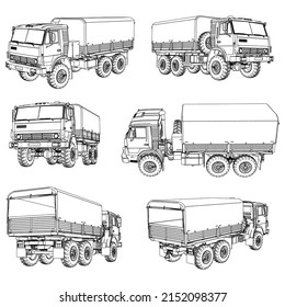 Military truck isolated on white background. Vector Military machine. Military vehicle logotype.