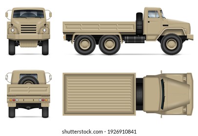 Military truck isolated vector mockup on white background. Army vehicle with view from side, front, back, and top. All elements in the groups on separate layers for easy editing and recolor