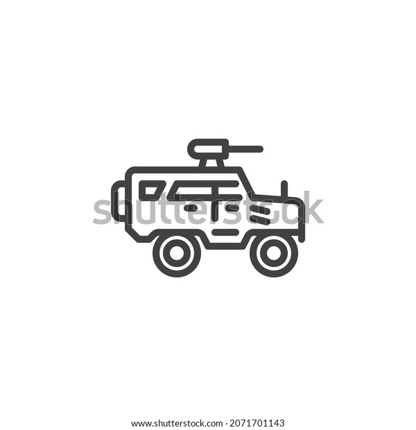 Military truck with\
machine gun line icon. linear style sign for mobile concept and web\
design. Army Truck outline vector icon. Symbol, logo illustration.\
Vector graphics