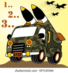 Military truck with missile, vector cartoon illustration