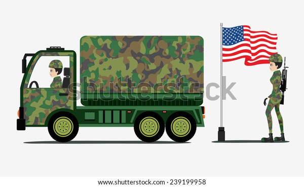 Military trucks with the\
American flag.