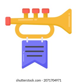 A military trumpet, flat icon of fanfare