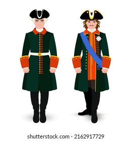 Military uniform of the Emperor of All Russia Peter 1 and guardsman of the Preobrazhensky Regiment. Historical Russian military costume in full growth. Flat illustration.