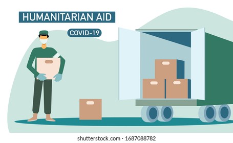 The Military In Uniform And Medical Mask With Package, Giving Help, Truck,  Delivery. Vector Flat  Illustration With The Text Humanitarian Aid COVID-19. Design For Poster, Banner, Tamplate