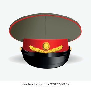 Military uniform. Old officer cap with star cockade on white background. Vector illustration