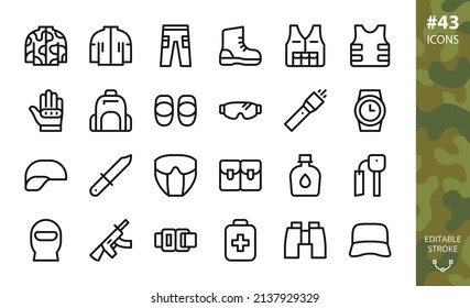 Military Uniform and Tactical Gears isolated icons set. Set of army clothing, bulletproof vest, balaclava, combat helmet, protective face mask, airsoft rifle, camouflage uniform vector icons