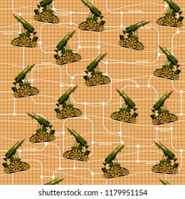 Military unit on a grid background. Seamless pattern.
