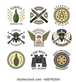 Military units emblems with crossed weapon ammunition respirator crawler wheel wings stars isolated vector illustration
