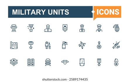 Military Units linear icon. Includes thin line equipment, rifle, submarine, army, combat, airplane, tank, war. Perfect for logos and infographic. Vector line and solid icons.