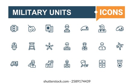 Military Units linear icon. Includes thin line equipment, rifle, submarine, army, combat, airplane, tank, war. Perfect for logos and infographic. Vector line and solid icons.