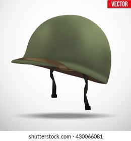 Military US green helmet infantry of WWII. Side view. Metallic army symbol of defense. Vector illustration Isolated on white background. 