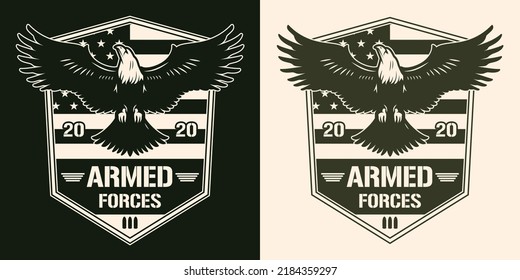 Military US Vintage Emblem Monochrome Bald Eagle With Patriotic Flag And Text Armed Forces For Soldiers Isolated Vector Illustration