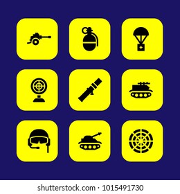 Military vector icon set. aim, bazooka, radar and gun