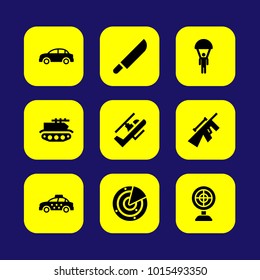 Military vector icon set. aim, knife, helicopter and radar