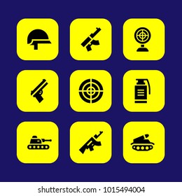 Military vector icon set. aim, helmet, tank and grenade