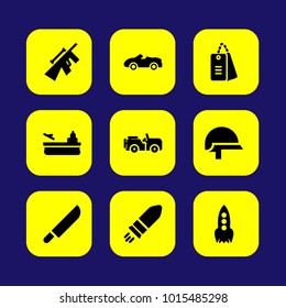 Military vector icon set. aircraft carrier, tags, sniper and rocket