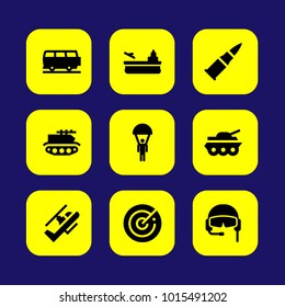Military vector icon set. aircraft carrier, pilot, bullet and helicopter