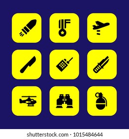 Military vector icon set. airplane, helicopter, knife and grenade