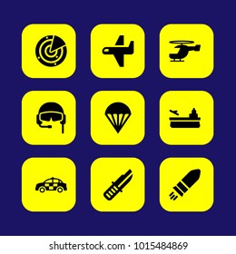 Military vector icon set. airplane, police car, radar and helicopter
