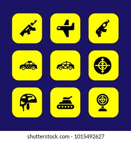 Military vector icon set. airplane, car, gun and tank