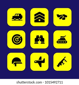 Military vector icon set. airplane, binoculars, gun and car